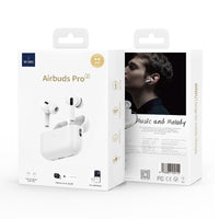 Retail box of white wireless Bluetooth earbuds with earbud and listening images