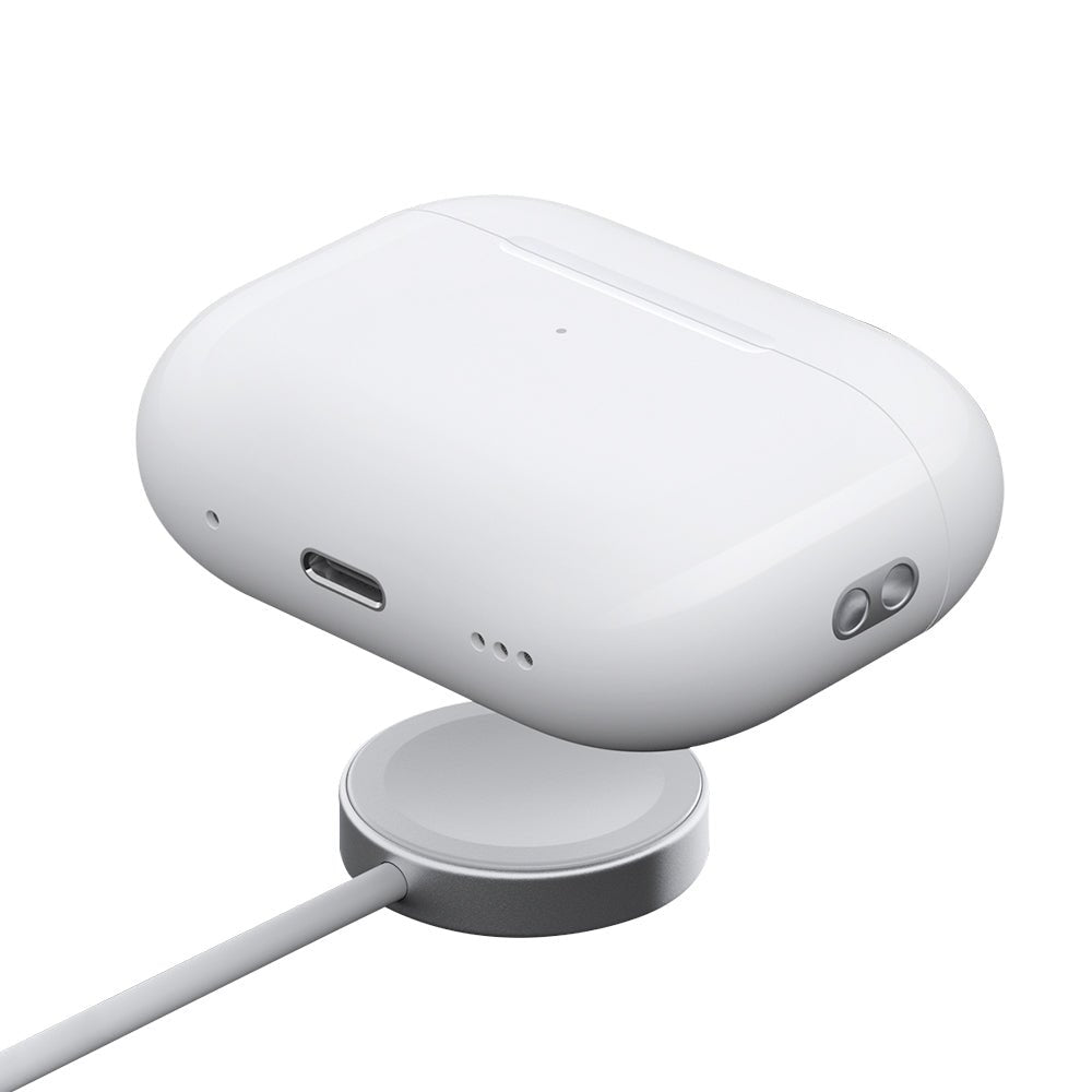 White charging case with USB charging port and small indicator holes