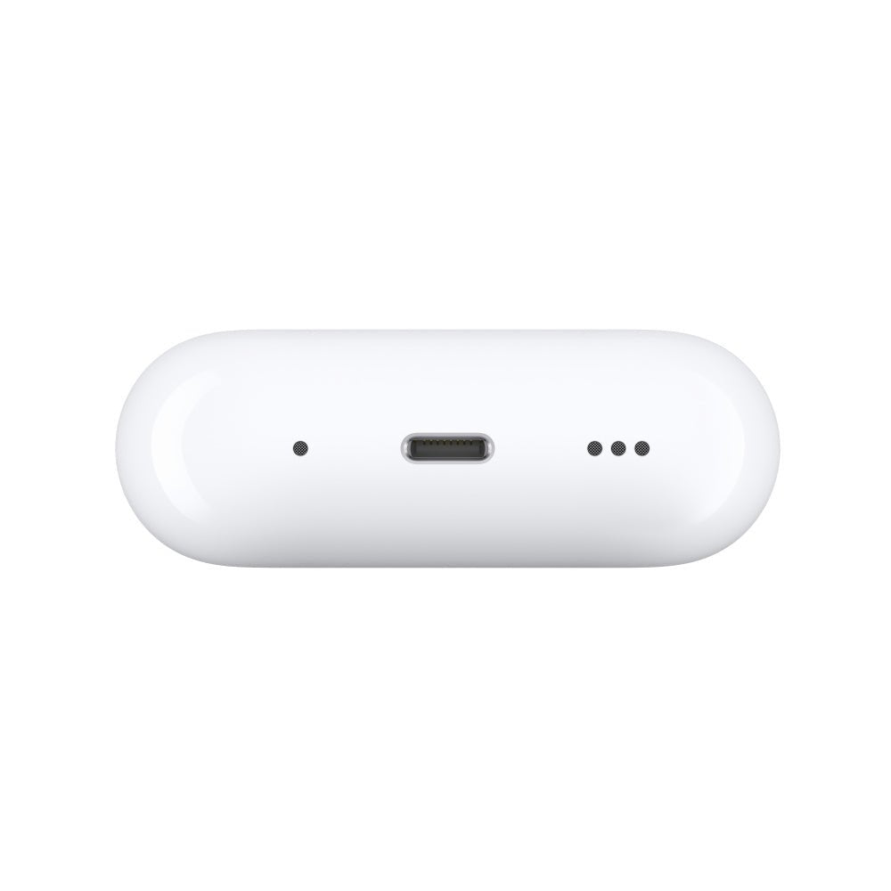 White wireless Bluetooth charging case with status lights and a charging port