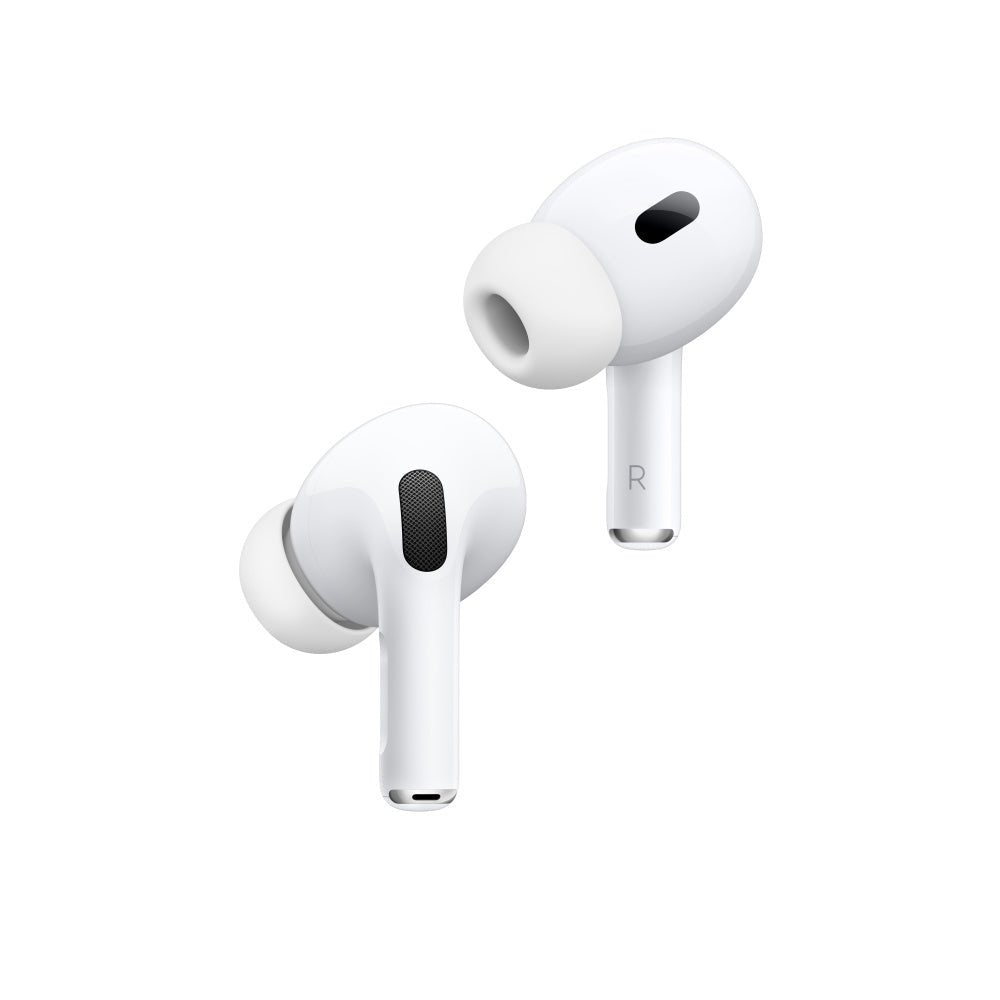 White wireless Bluetooth earbuds with dark speaker grills, left and right views
