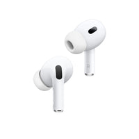 White wireless Bluetooth earbuds with dark speaker grills, left and right views
