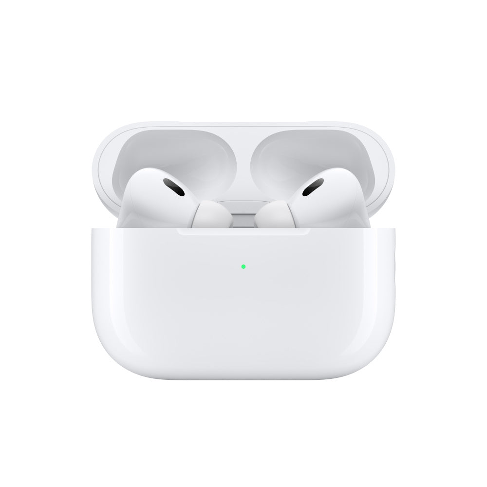 White wireless Bluetooth earbuds inside an open white charging case