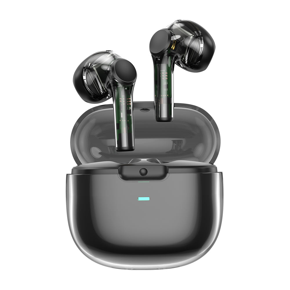 Wireless earbuds in dark case with two black earbuds, glossy design