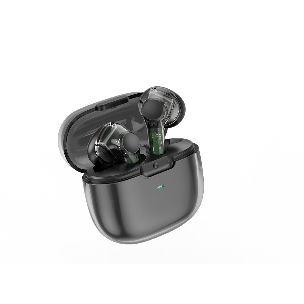 Wireless earbuds in dark charging case with earbuds resting in the lid