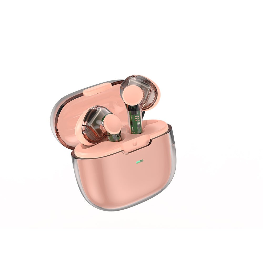 Rose-pink wireless earbuds with metallic rose-gold earbud tips in open case