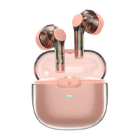 Rose-pink wireless earbuds set with charging case and rose-gold earbuds