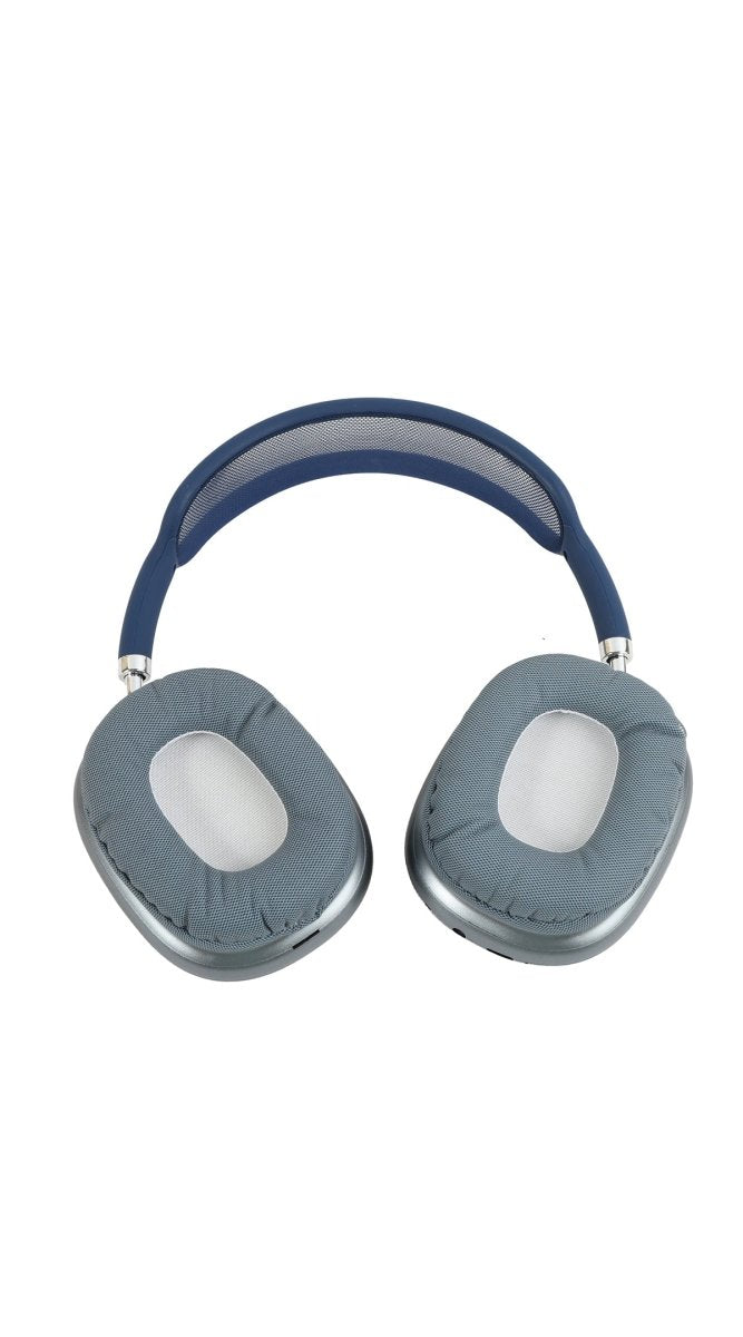Navy and gray over-ear headphones with cushioned ear pads