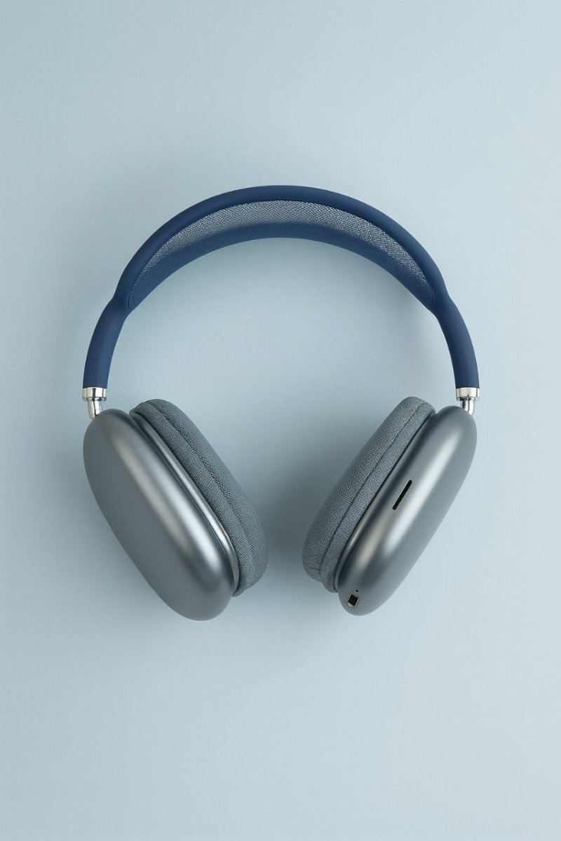 Navy and silver over-ear headphones with padded ear cups and adjustable band