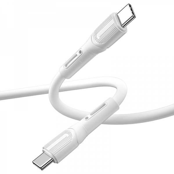 White USB-C to USB-C cable showing connector grips and reinforced neck
