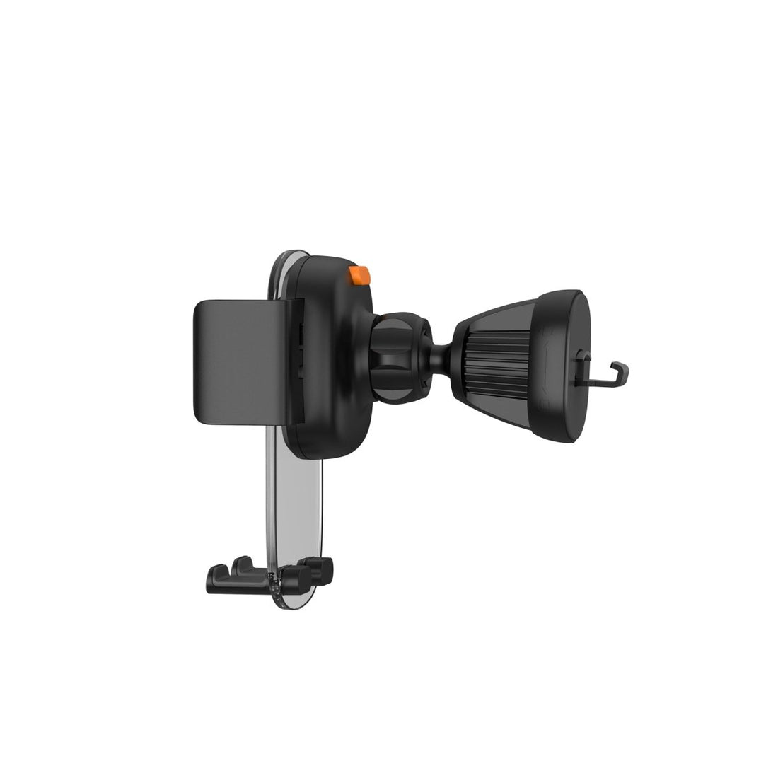 Car phone holder with vent-style mount and rotating arm, black