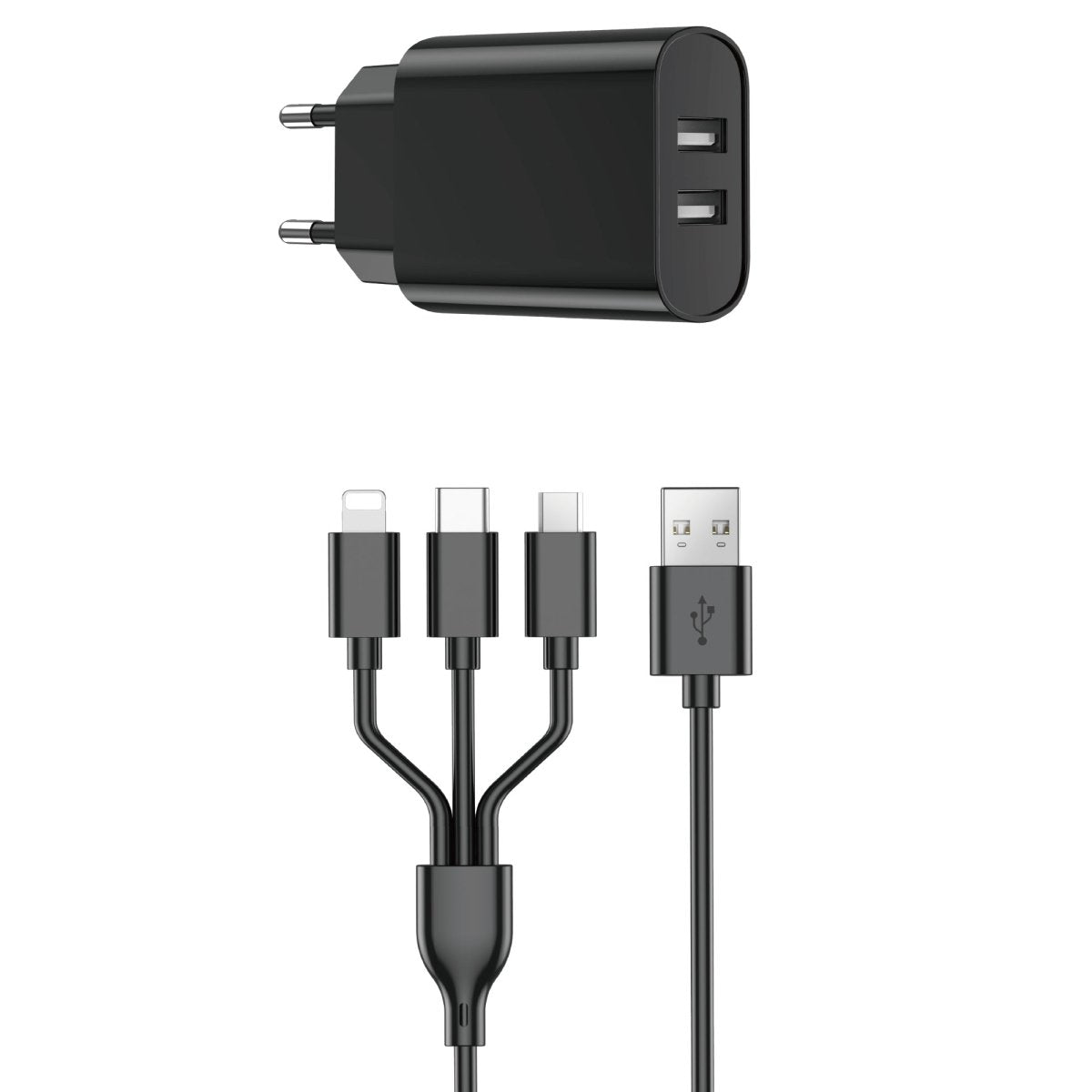 Dual-port UK wall charger with 3-in-1 cable, black housing and connectors