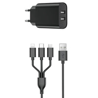 Dual-port UK wall charger with 3-in-1 cable, black housing and connectors