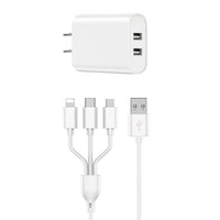 Dual-port UK wall charger with 3-in-1 cable, white housing and connectors