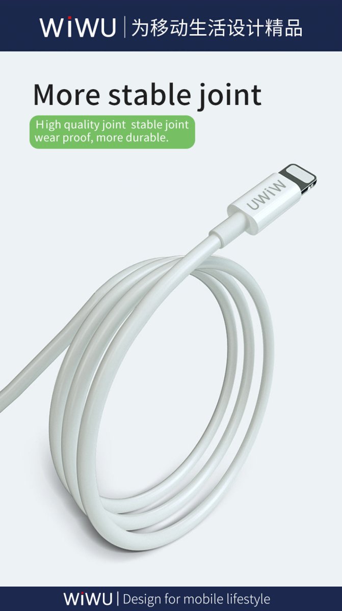 Coiled USB-C to Lightning charging cable with light gray connectors