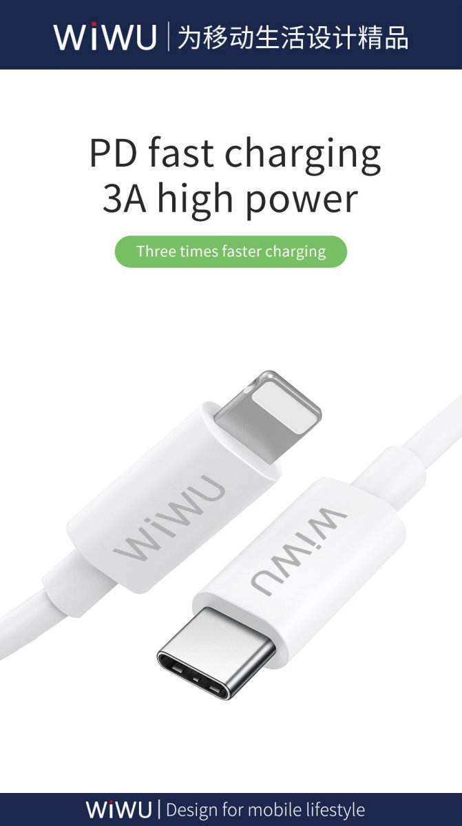 USB-C to Lightning charging cable with silver connectors and white cable