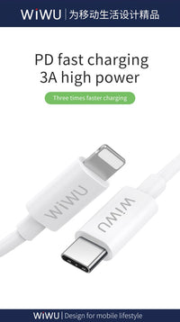USB-C to Lightning charging cable with silver connectors and white cable