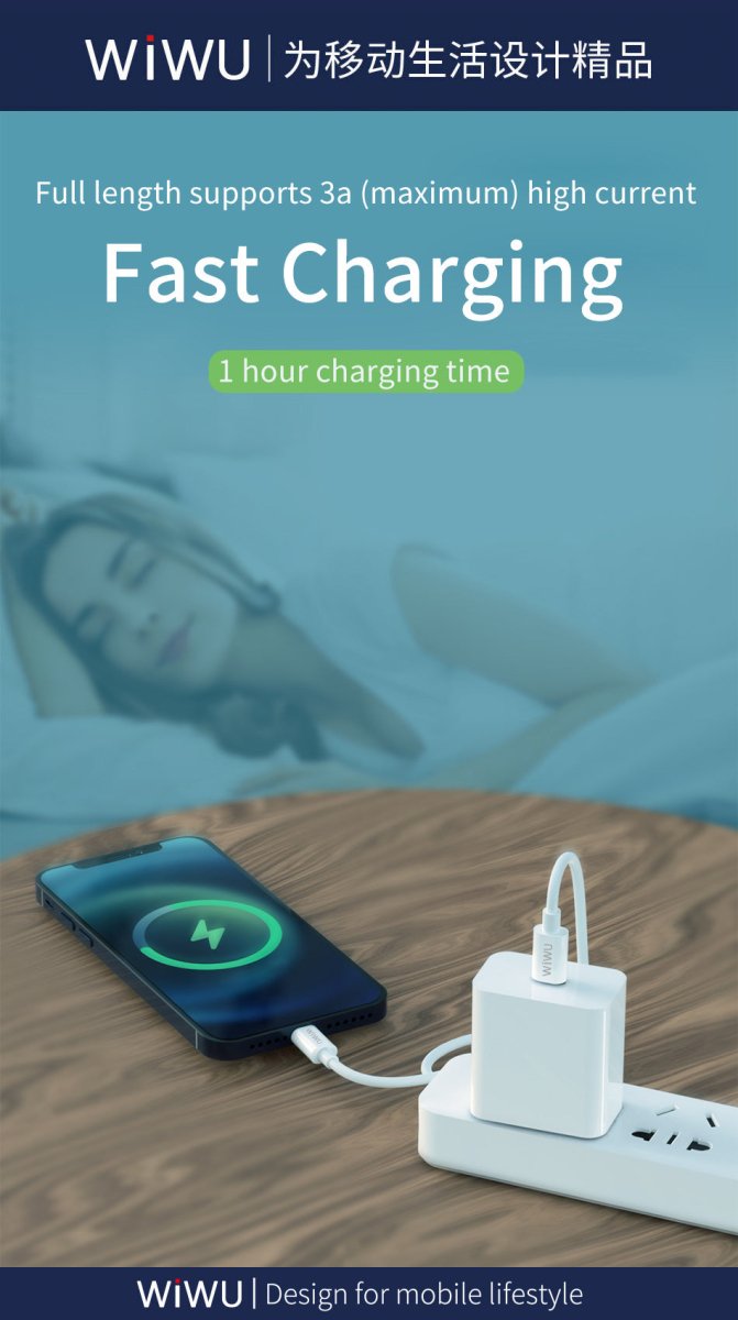 USB-C to Lightning charging cable powering a smartphone from a charger