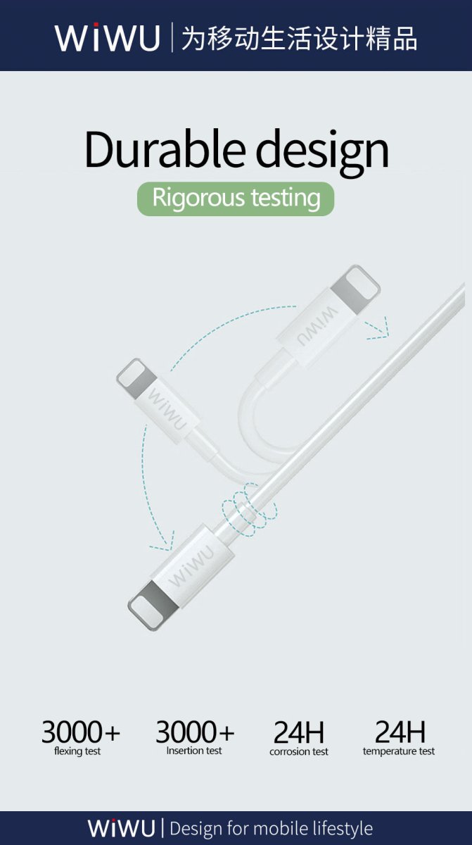 USB-C to Lightning charging cable with reinforced durability design, angled view