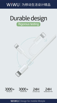 USB-C to Lightning charging cable with reinforced durability design, angled view
