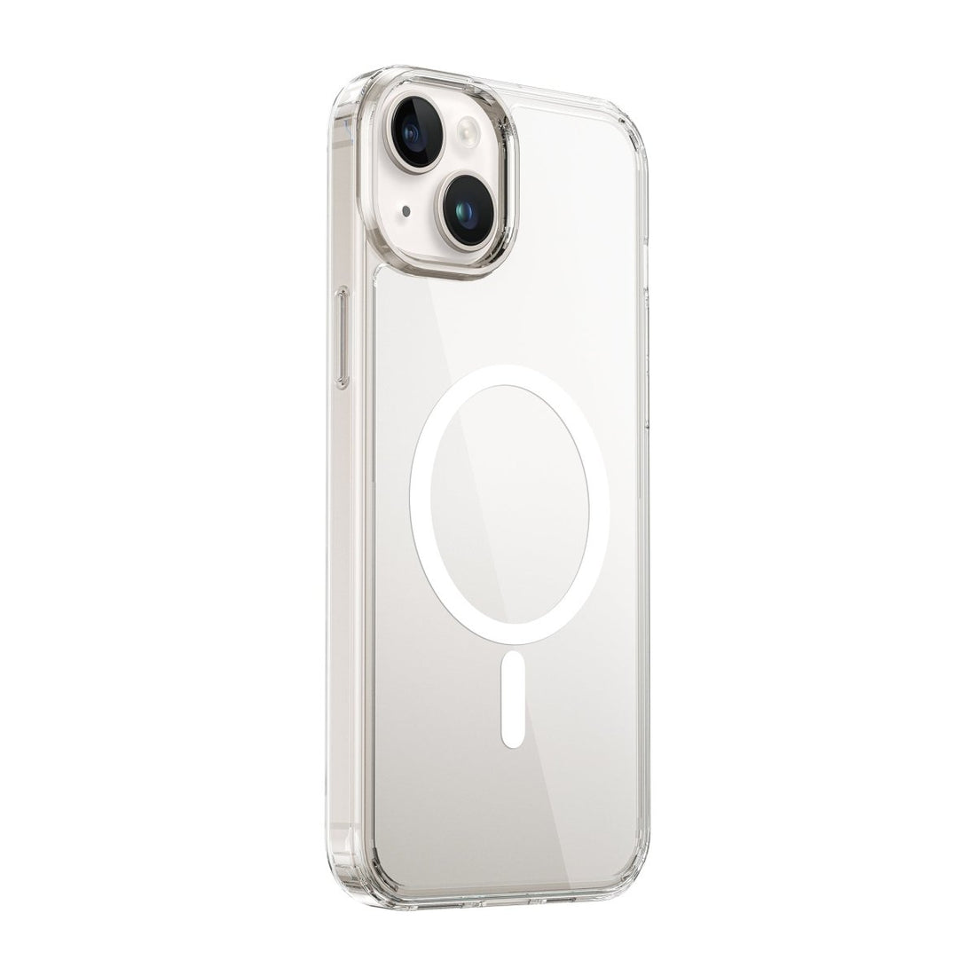 iPhone 15 crystal magnetic case, clear with white circular magnetic logo on front