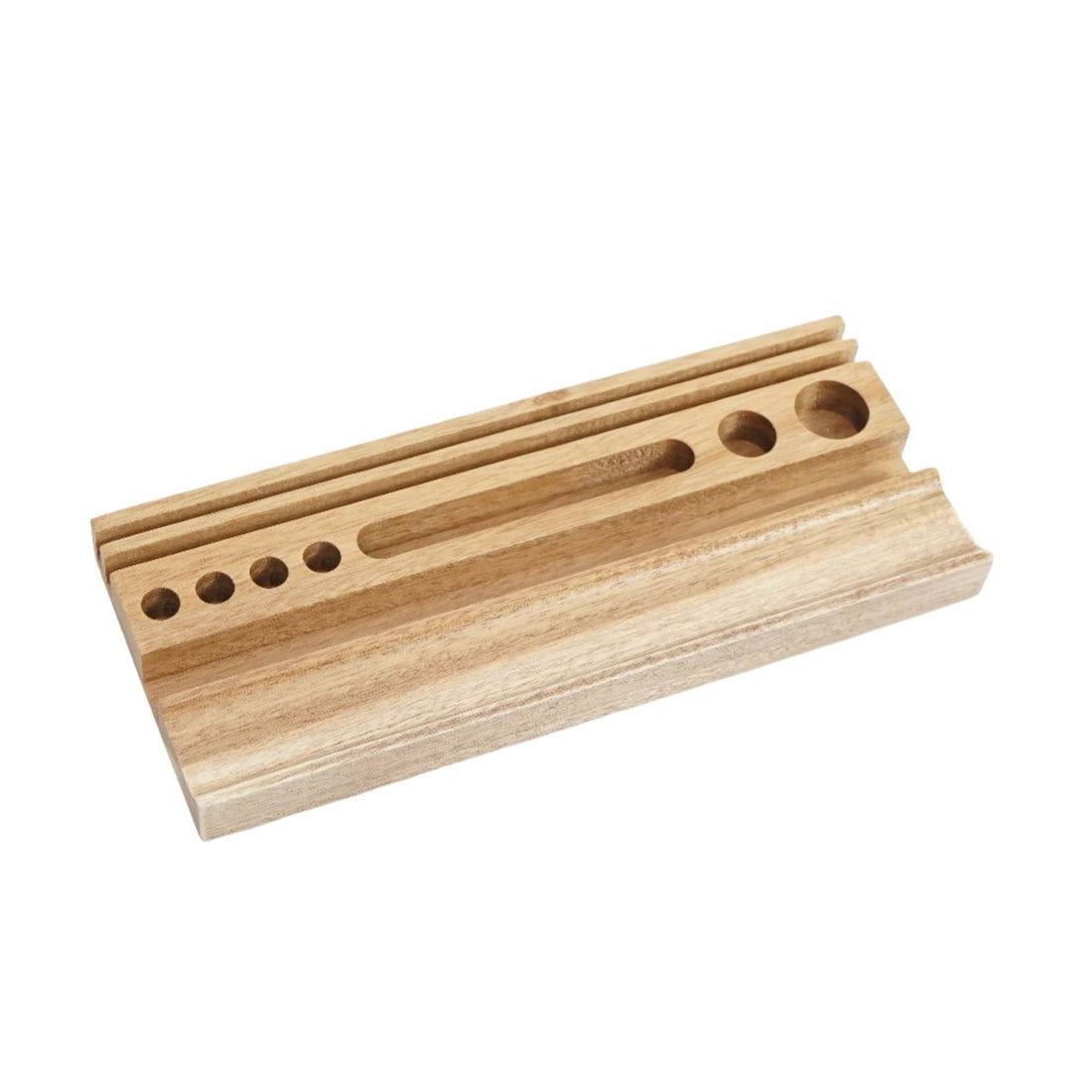 Wood desk organizer with round holes and long open slot, light wood finish