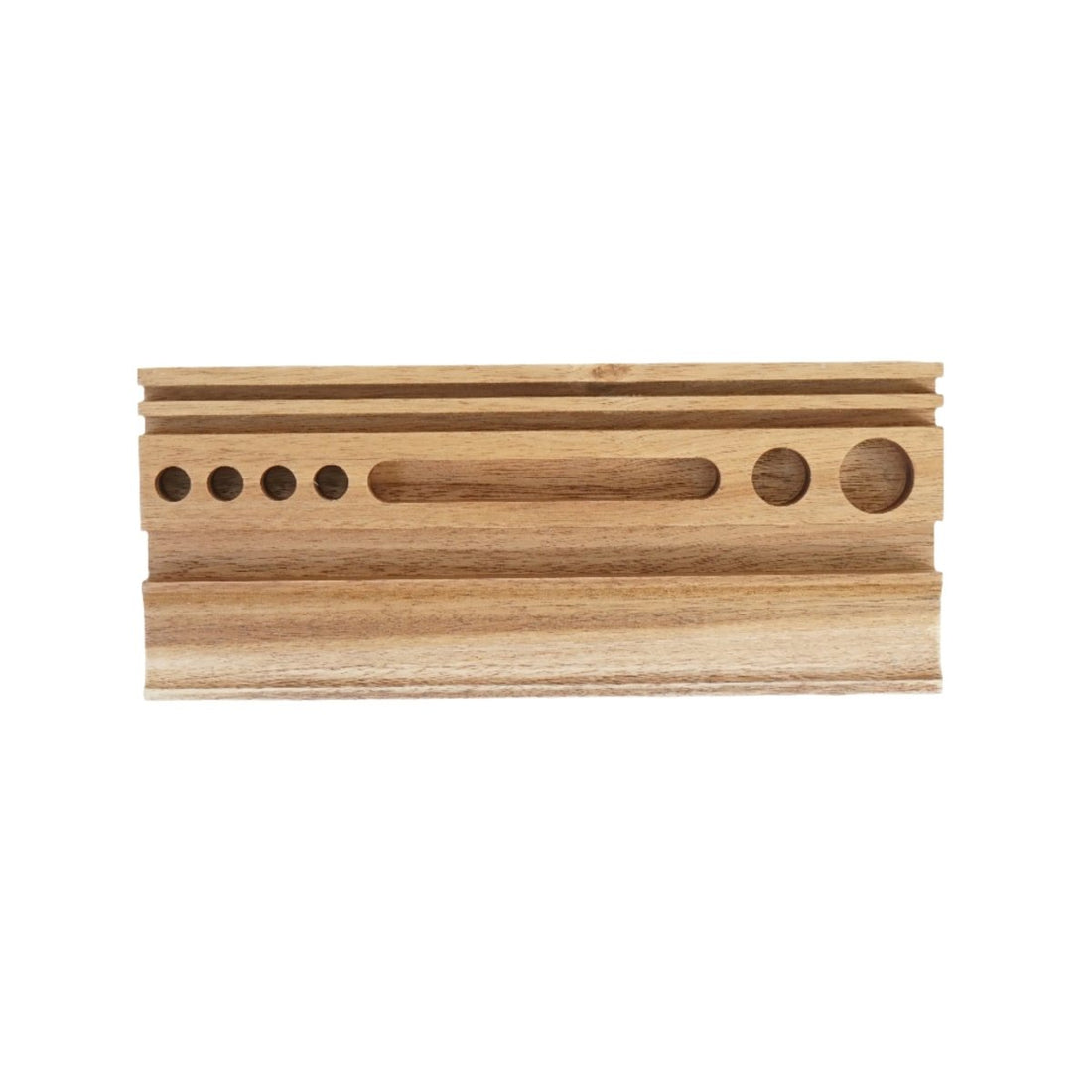 Wood desk organizer with long central slot and round holes on top strip, light wood