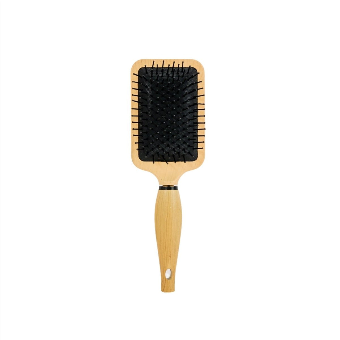 Large wooden hair brush with black bristle cushion and long wooden handle