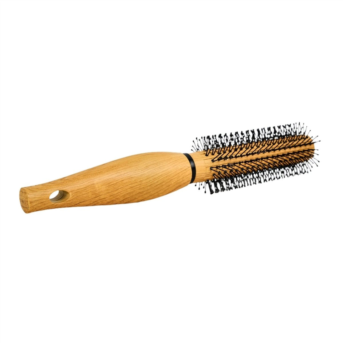 Wooden hair brush with round head, black bristles, and contoured handle with hole