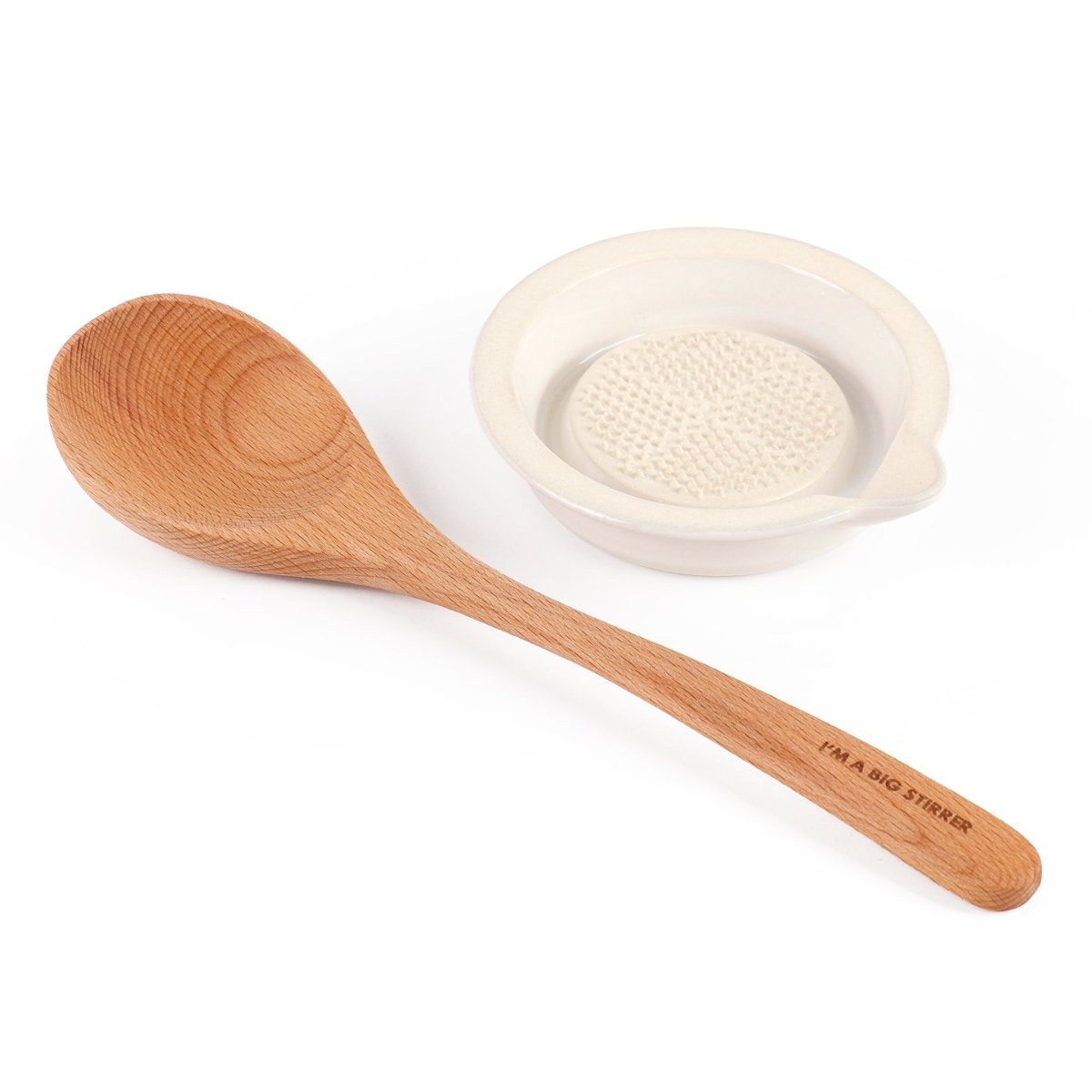 Wooden spoon and ceramic spoon rest set with textured insert, light cream