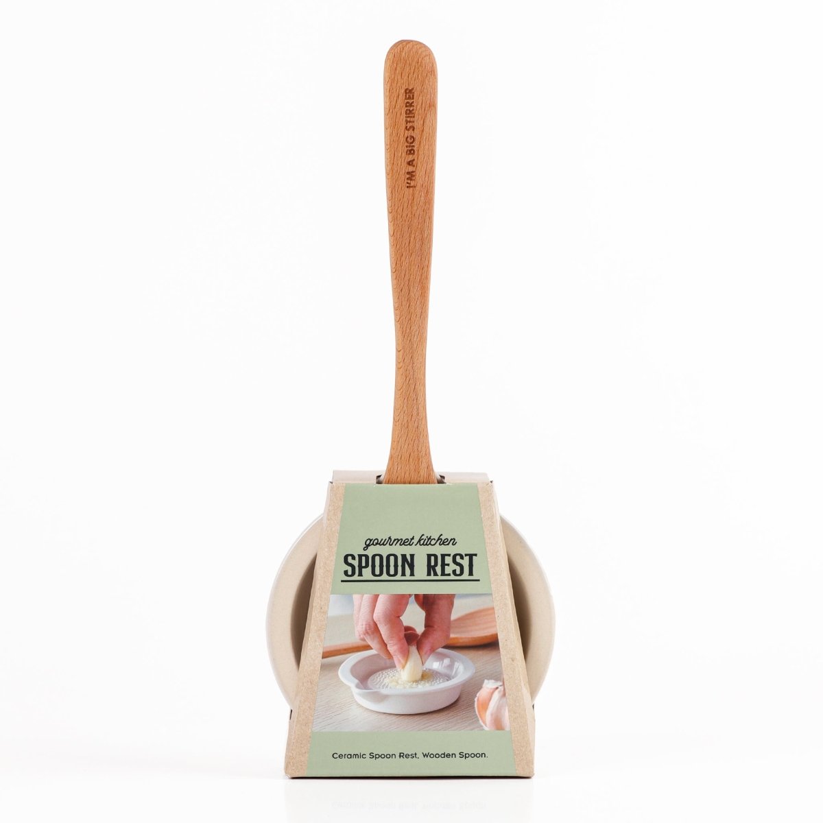 Wooden spoon and ceramic spoon rest set, shown in retail packaging