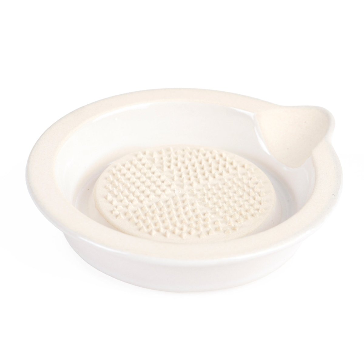 Ceramic spoon rest with textured insert and raised grip, light cream