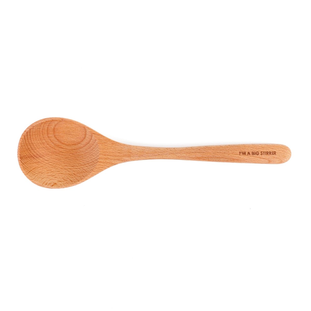 Wooden spoon with oval bowl and engraved text near handle end