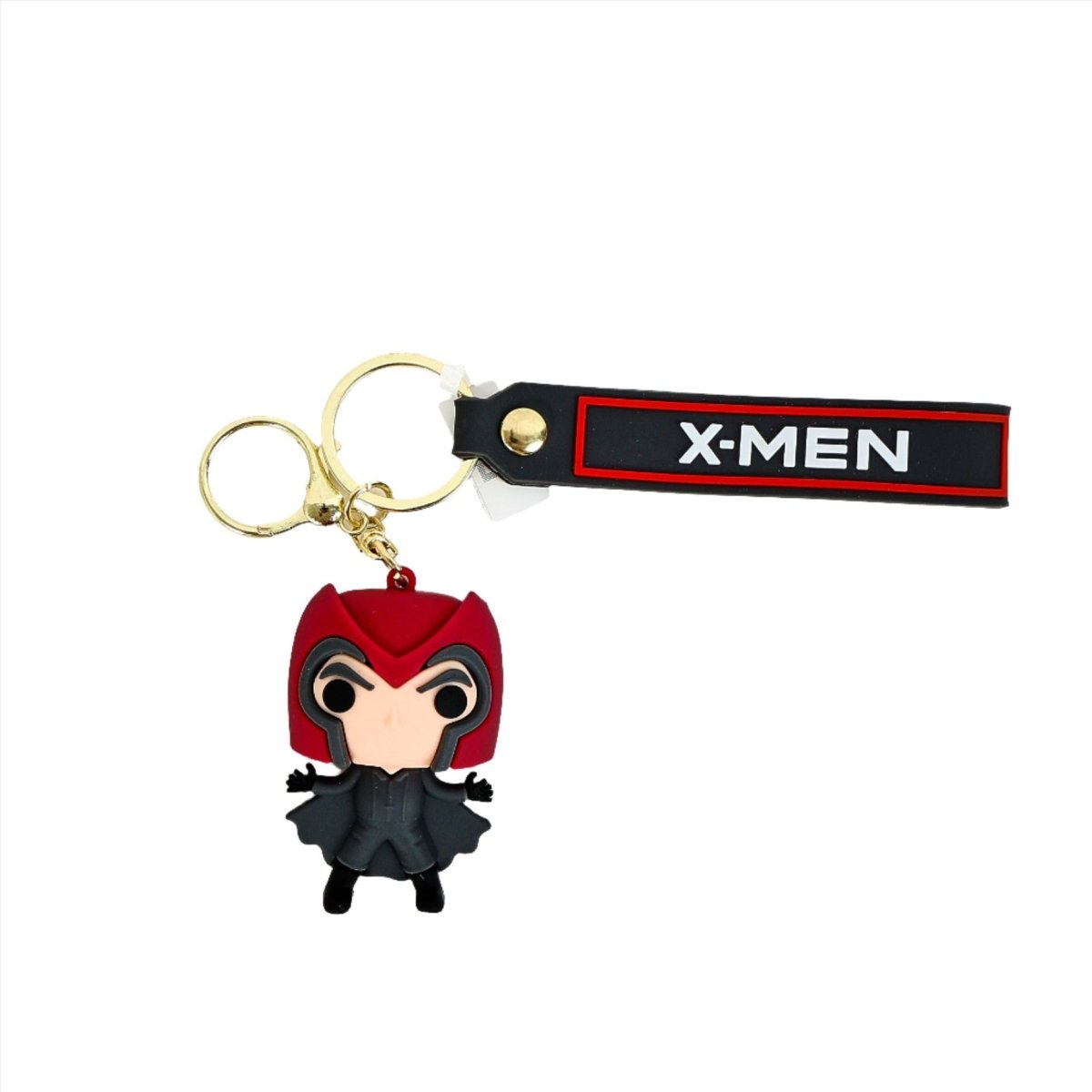 X-Men PVC keychain figure with red-and-black mask on black X-MEN strap