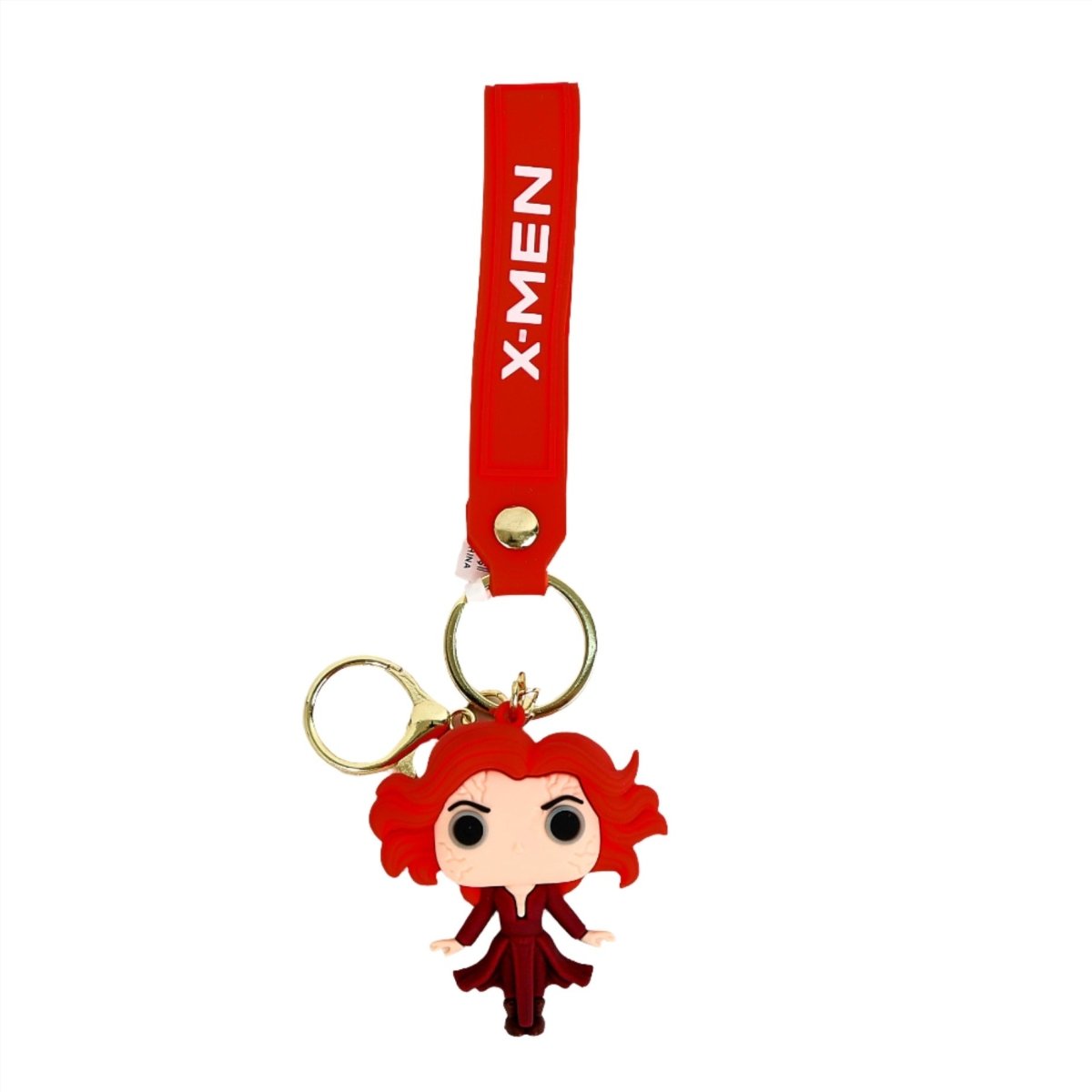 X-Men PVC keychain figure with red hair on red X-MEN strap, hanging keyring