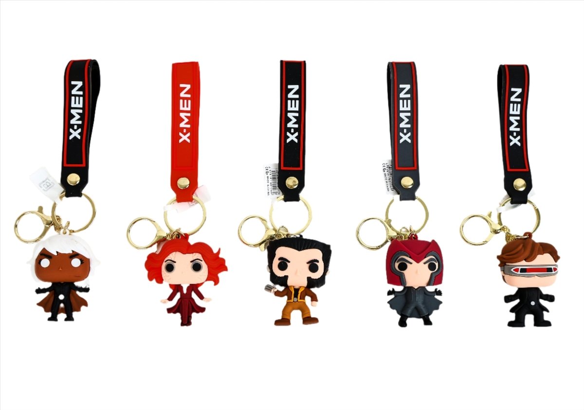 X-Men PVC keychain figures with metal rings, five character charms on lanyards