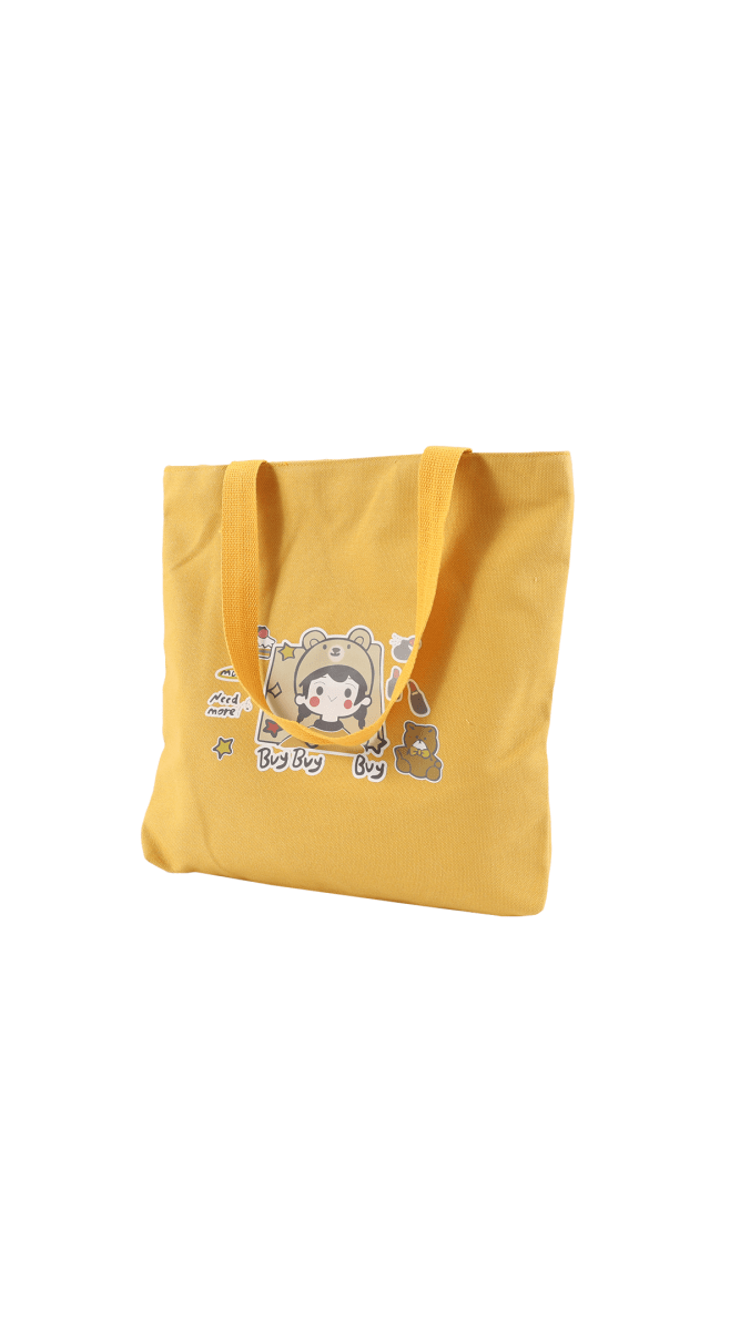 Yellow cartoon tote bag with bear character graphic and carry handles