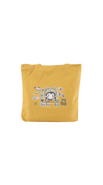 Yellow cartoon tote bag with bear character graphic on the front