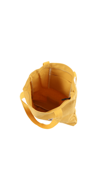 Yellow canvas tote bag with open top and interior view