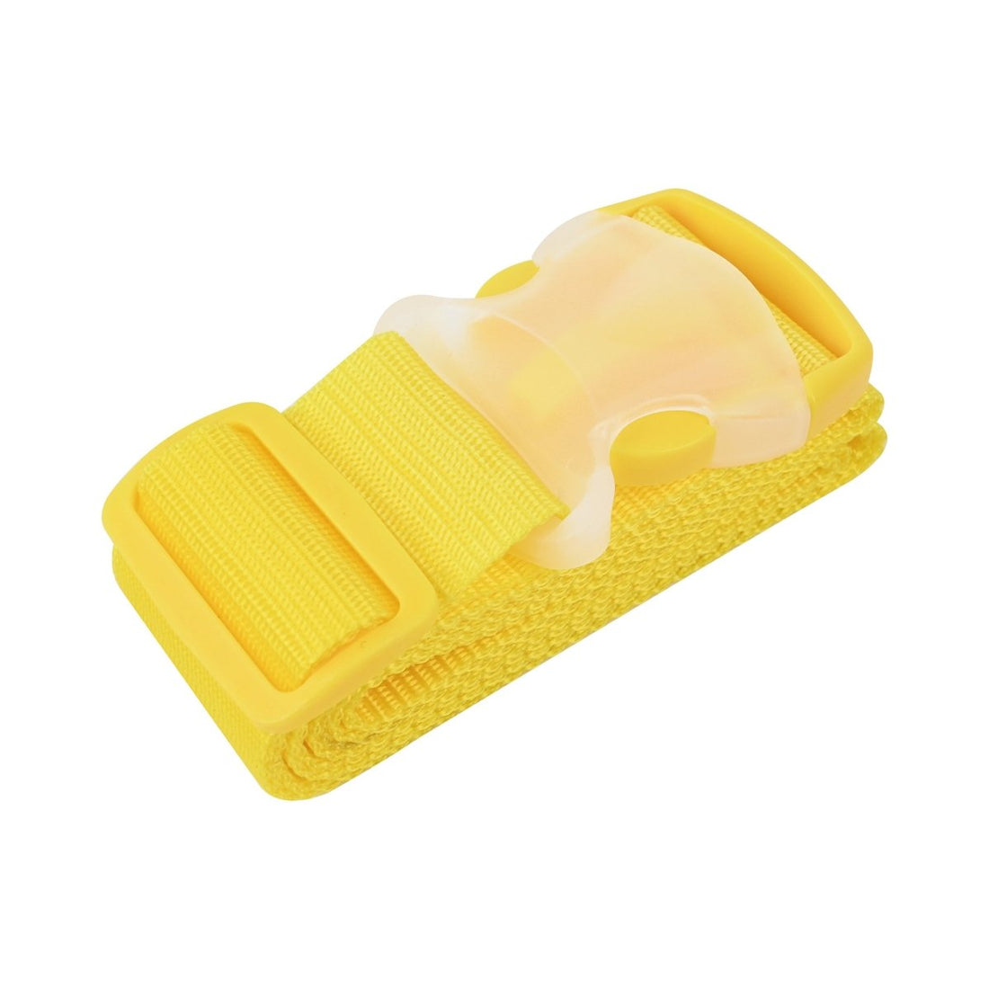 Yellow luggage strap with textured webbing and plastic buckle