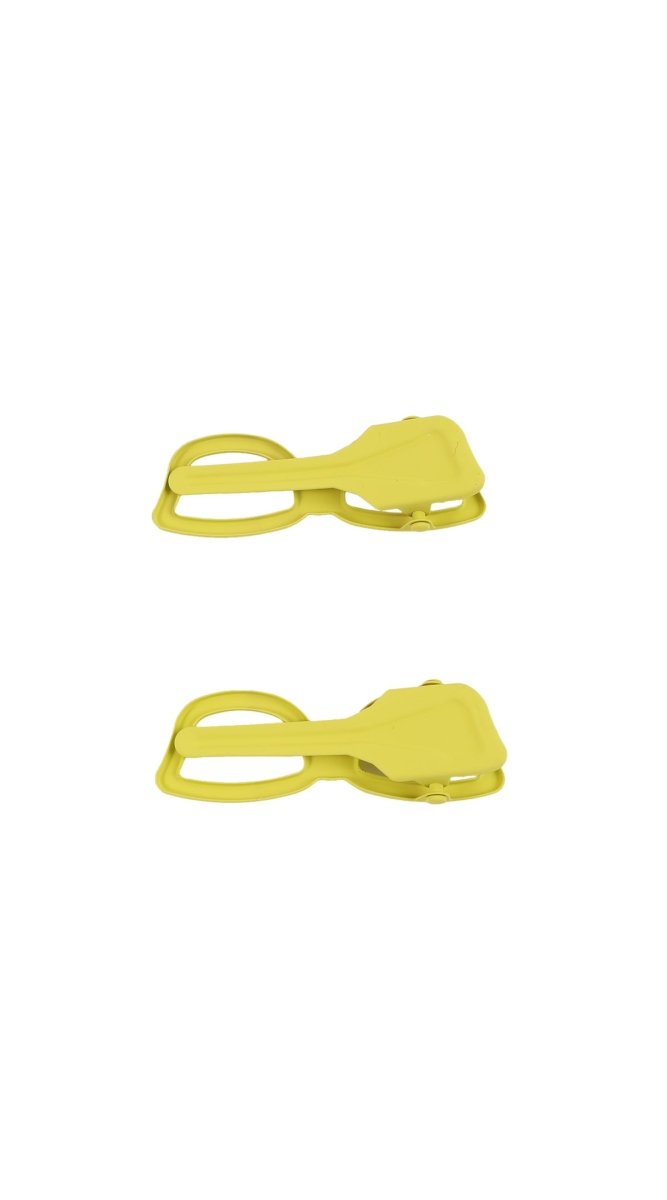 Yellow eyeglass-shaped hair clip, side view with clasp area
