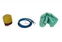 Yoga exercise ball pump, blue inflation tube, and green storage cover (set)