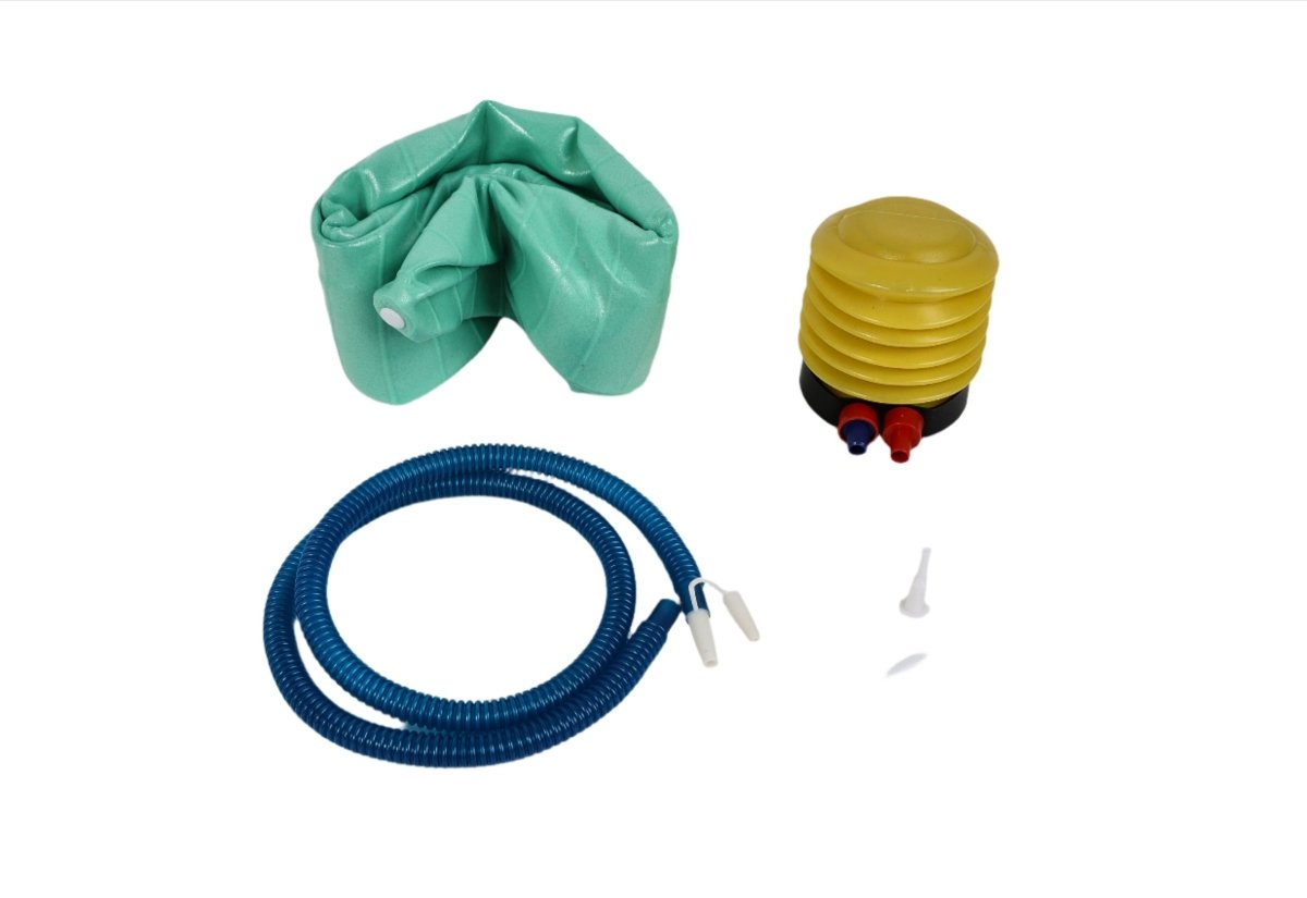 Yoga exercise ball accessories: green cover, blue inflation tube, yellow hand pump