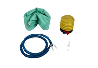 Yoga exercise ball accessories: green cover, blue inflation tube, yellow hand pump