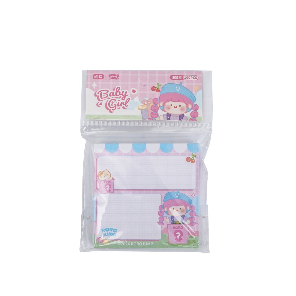 Baby Girl themed post-it notes set in clear pack, multiple sticky sizes