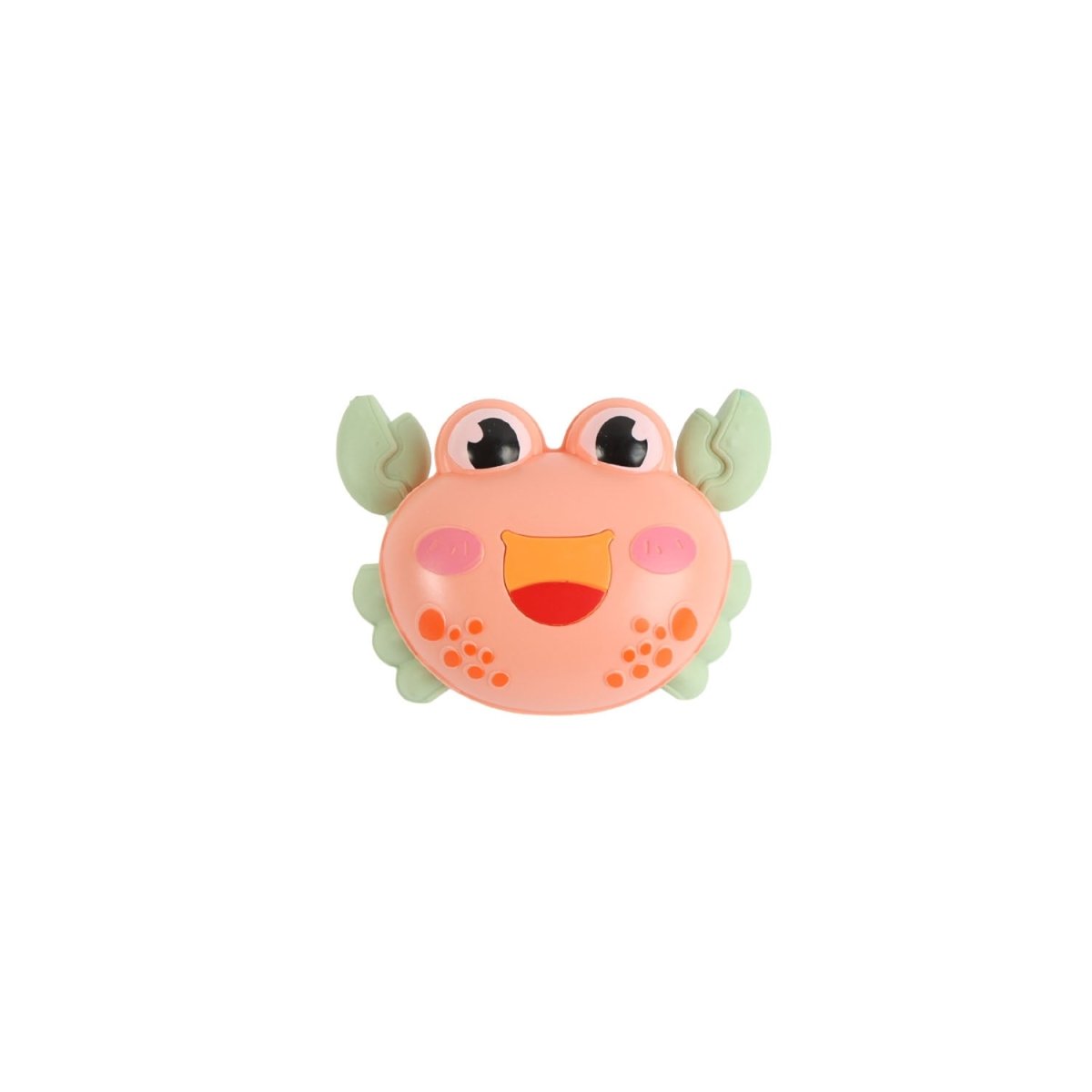Educational crawling crab toy, peach with green ears and smiling face