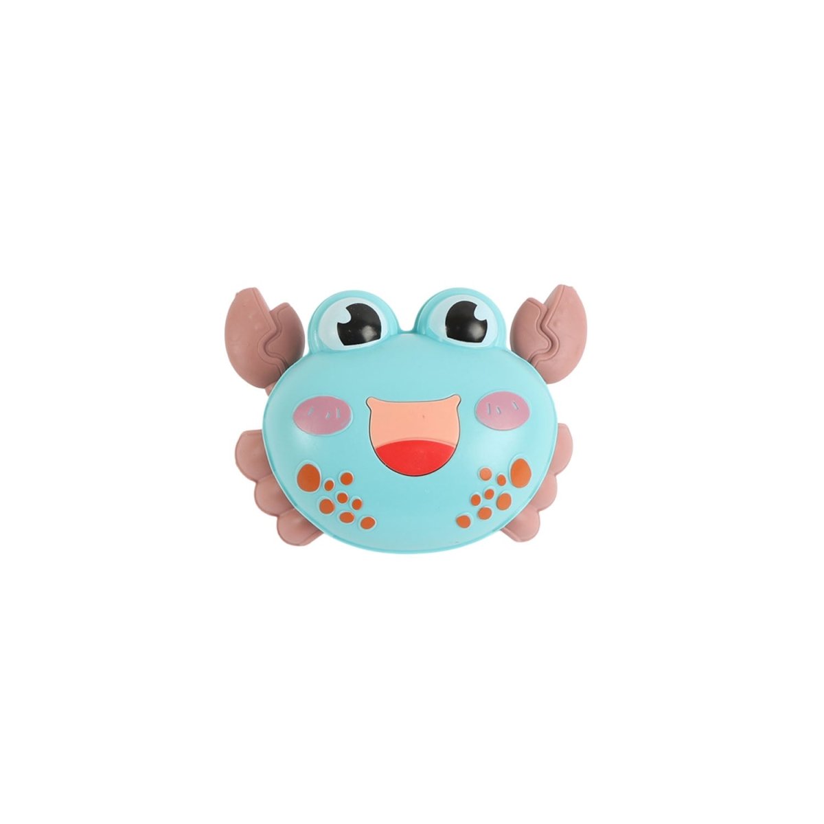 Educational crawling crab toy, aqua blue with brown ears and smiling face