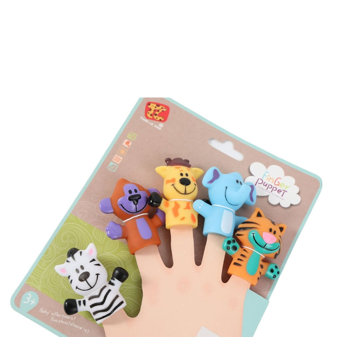 Colorful animal finger puppet set on card, five designs: lion, bear, elephant, tiger, zebra.