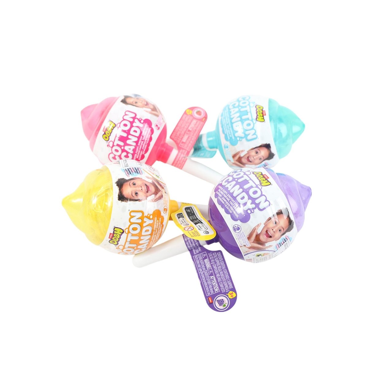 Stretchy cotton candy toys, pink, yellow, purple, and teal, with Oosh labels