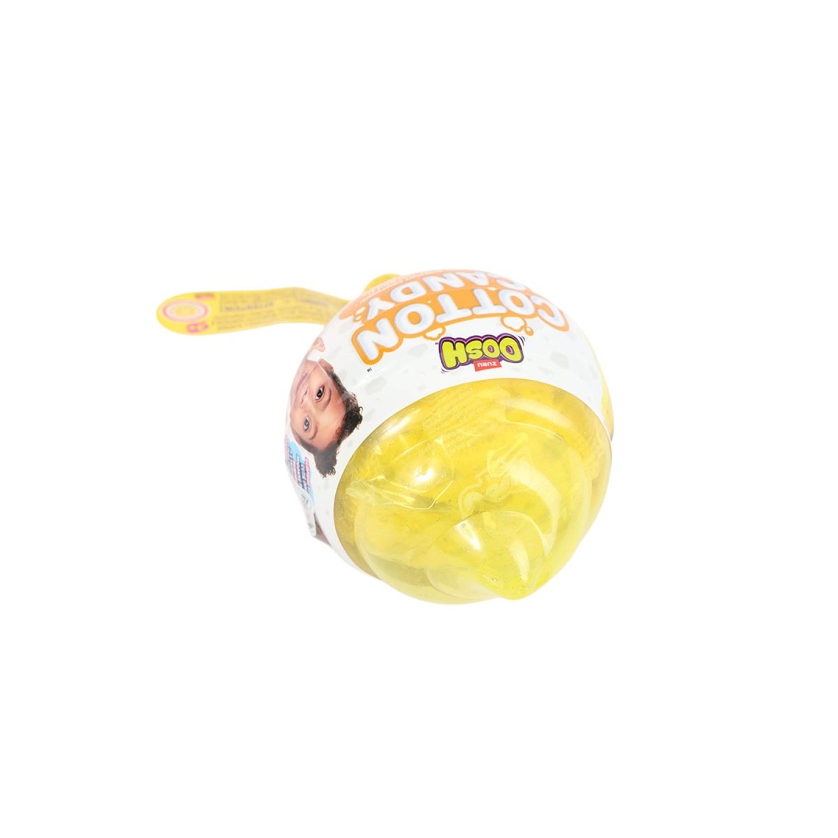 Stretchy cotton candy toy, yellow, close-up of Oosh Cotton Candy branding