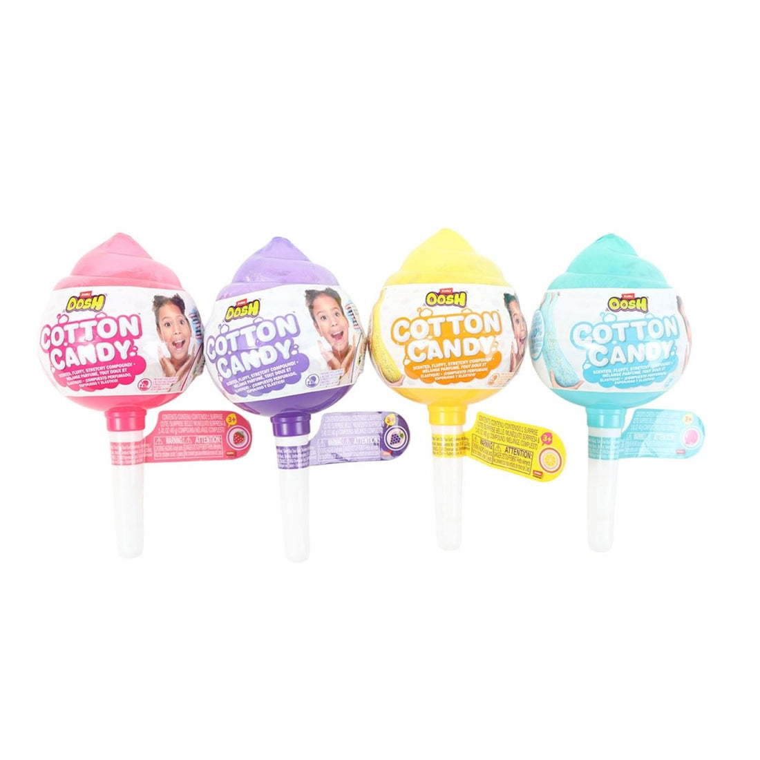 Stretchy cotton candy toys, four colors (pink, purple, yellow, teal), Oosh labels